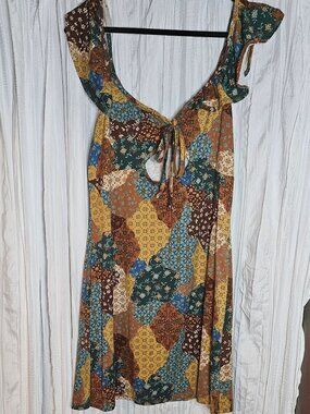 Earthbound Trading Co XXL Boho Patchwork Print Dress Flutter Sleeve Keyhole Tie